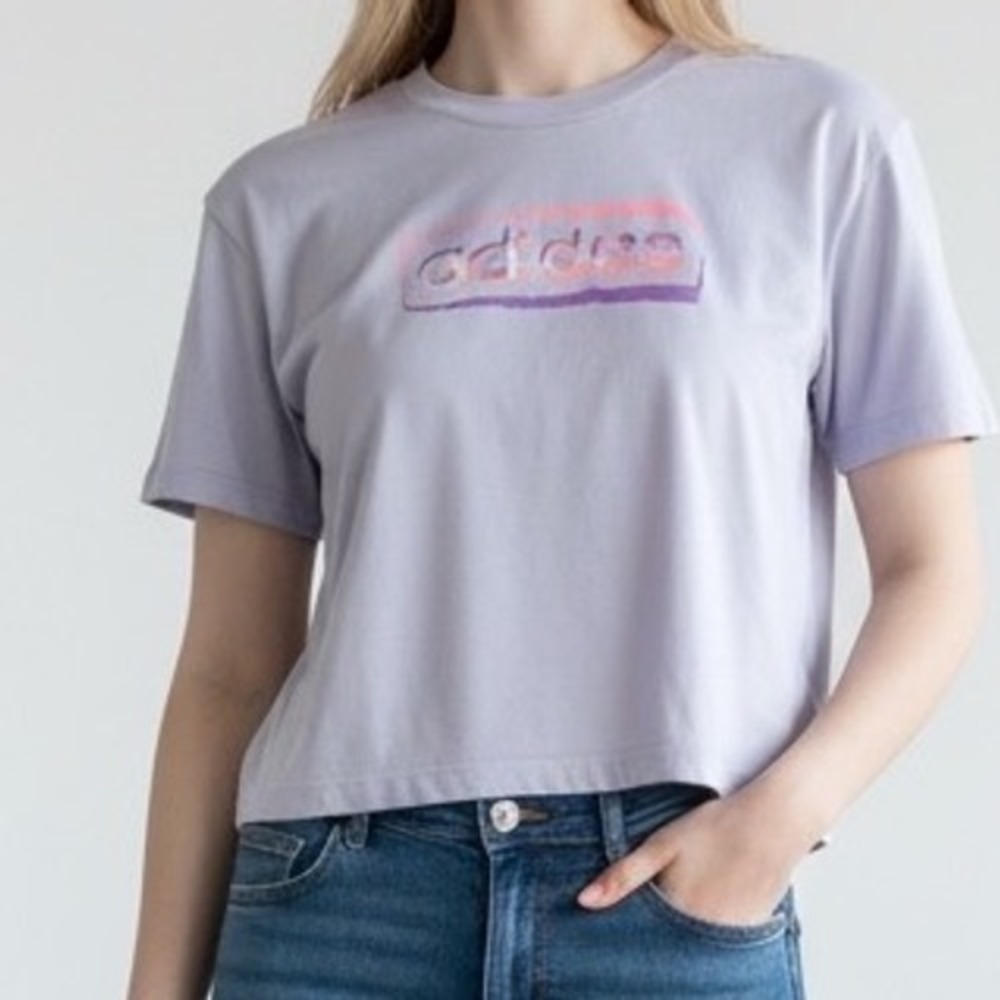 ADIDAS Cotton Graphic T-Shirt Women's Size‎ S Lilac Gray Camo Logo workout gear